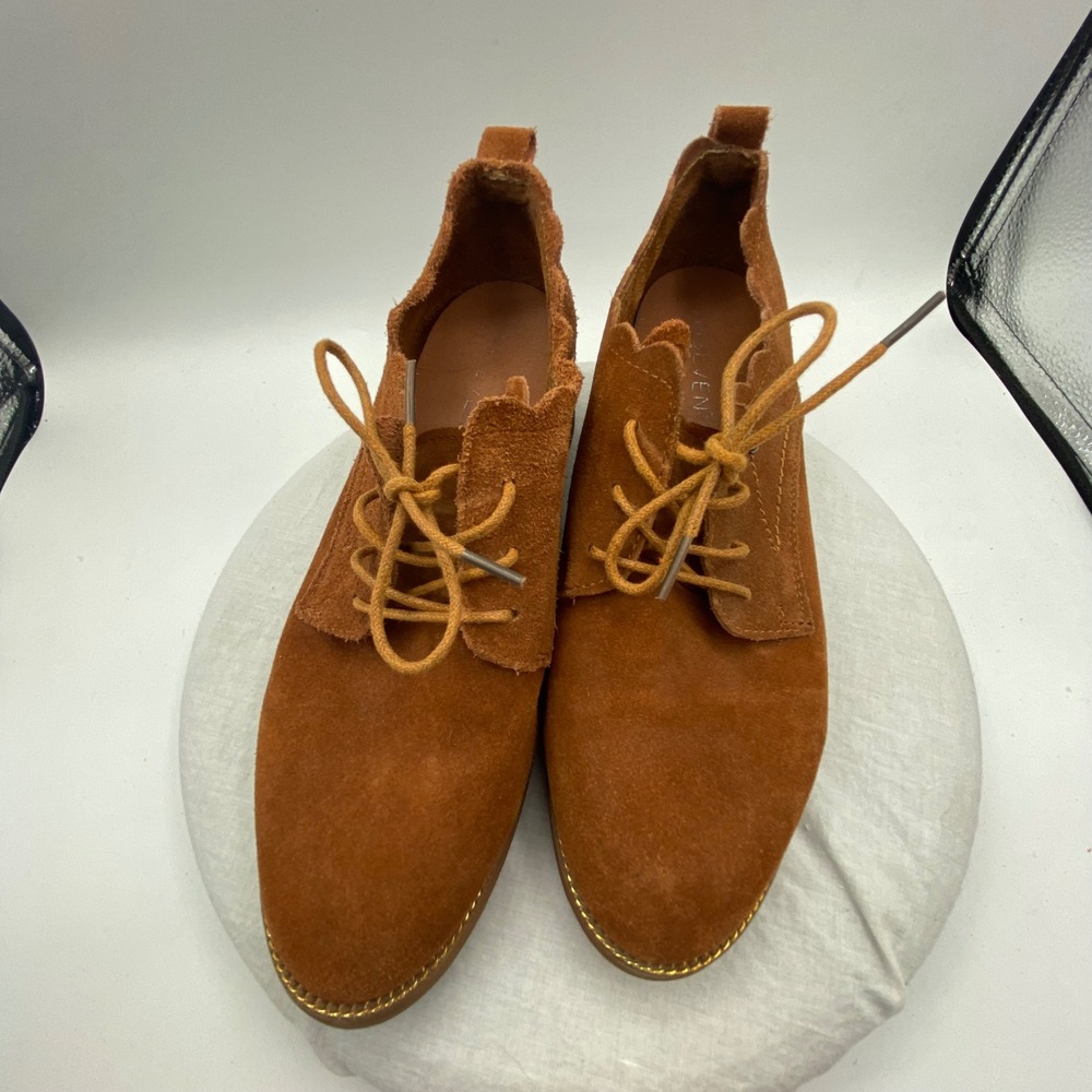 Yiseven Womens 40 Oxford Shoes Cognac Brown Suede Scalloped Lace Up YLBW101-BR